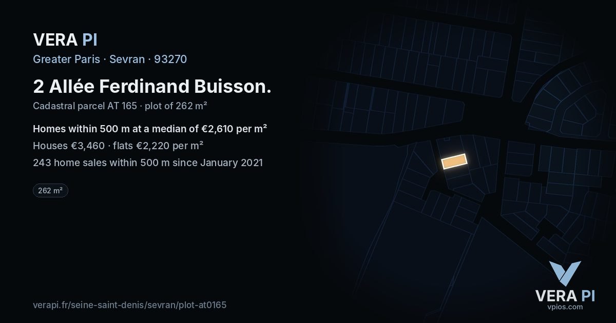 2 Allée Ferdinand Buisson, Sevran at night – the plot lit, the parcels around coloured by the prices near them