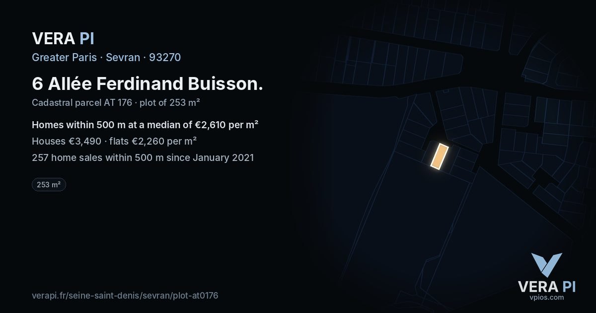 6 Allée Ferdinand Buisson, Sevran at night – the plot lit, the parcels around coloured by the prices near them