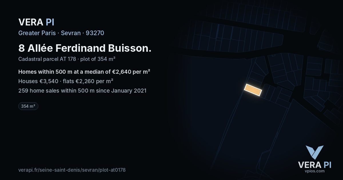 8 Allée Ferdinand Buisson, Sevran at night – the plot lit, the parcels around coloured by the prices near them