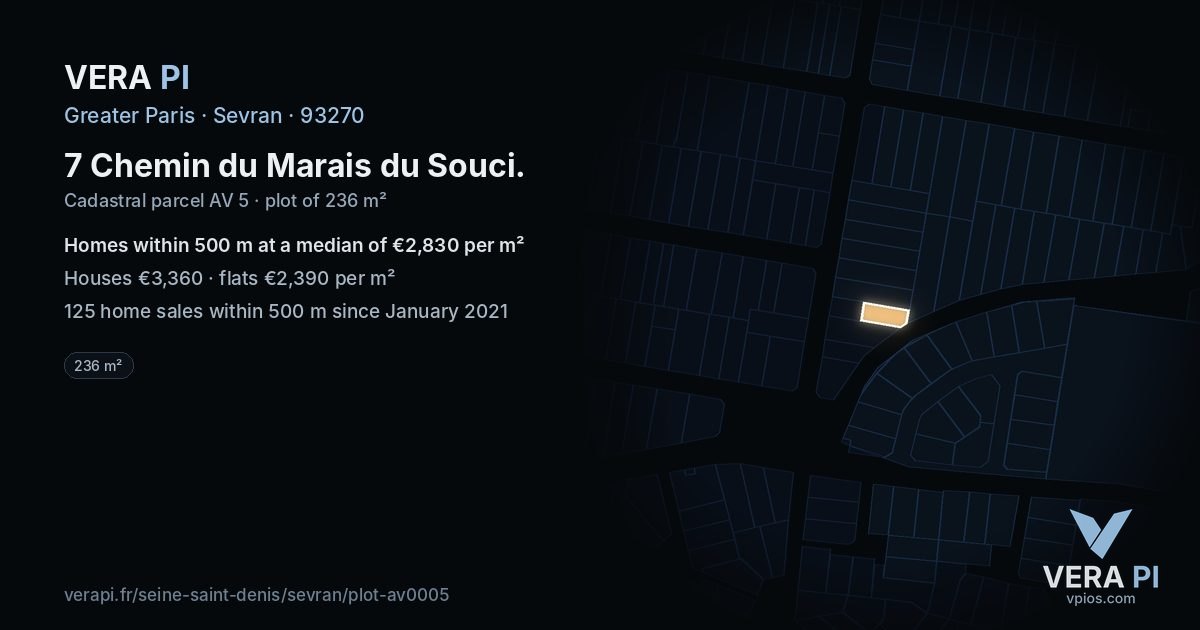 7 Chemin du Marais du Souci, Sevran at night – the plot lit, the parcels around coloured by the prices near them
