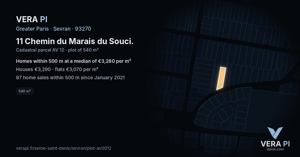 11 Chemin du Marais du Souci, Sevran at night – the plot lit, the parcels around coloured by the prices near them