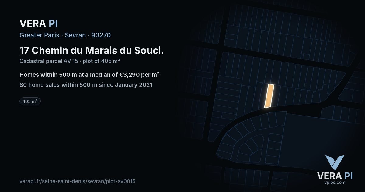 17 Chemin du Marais du Souci, Sevran at night – the plot lit, the parcels around coloured by the prices near them