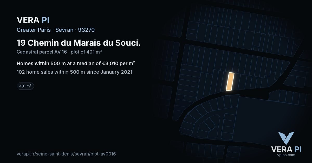 19 Chemin du Marais du Souci, Sevran at night – the plot lit, the parcels around coloured by the prices near them