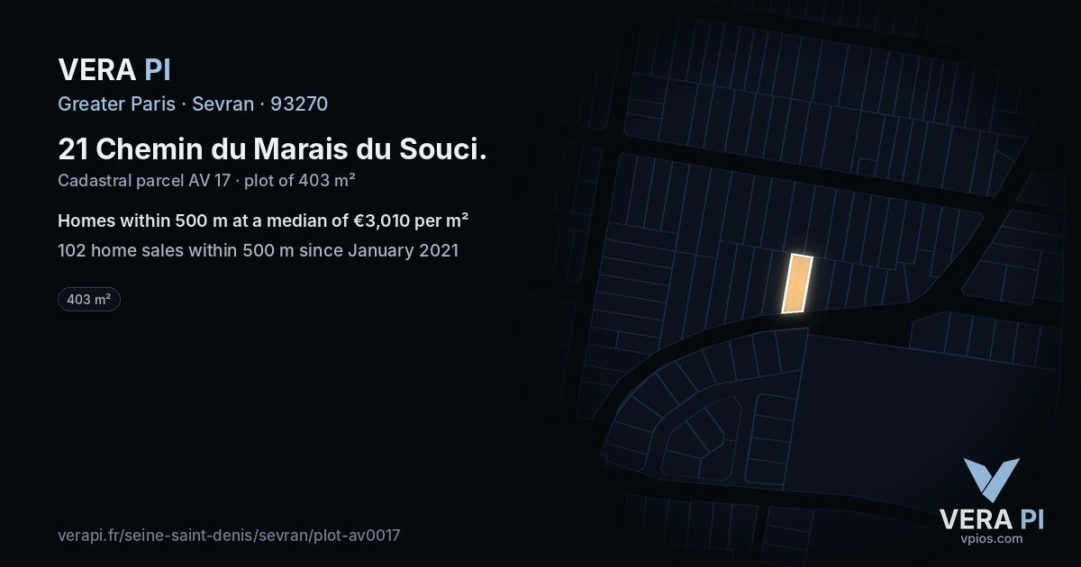 21 Chemin du Marais du Souci, Sevran at night – the plot lit, the parcels around coloured by the prices near them