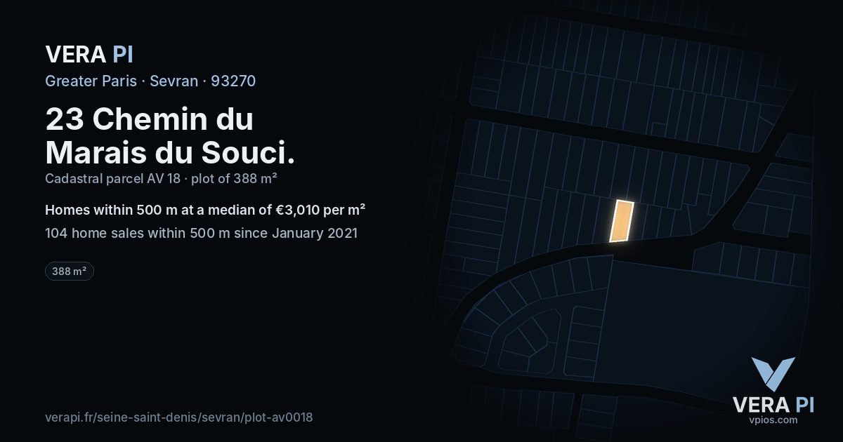 23 Chemin du Marais du Souci, Sevran at night – the plot lit, the parcels around coloured by the prices near them