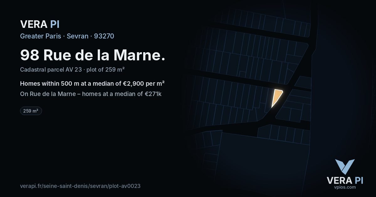 98 Rue de la Marne, Sevran at night – the plot lit, the parcels around coloured by the prices near them