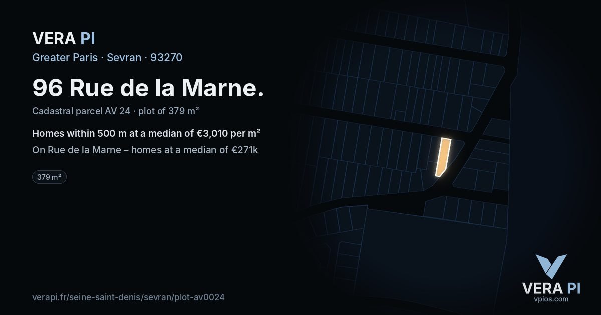 96 Rue de la Marne, Sevran at night – the plot lit, the parcels around coloured by the prices near them