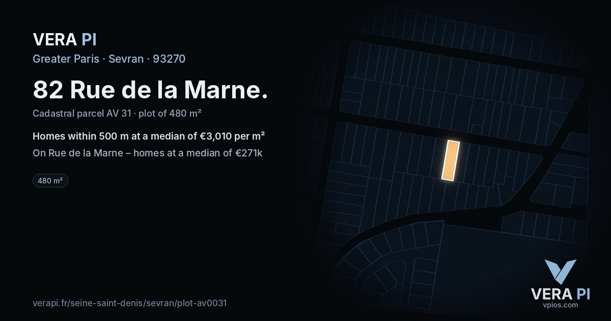 82 Rue de la Marne, Sevran at night – the plot lit, the parcels around coloured by the prices near them