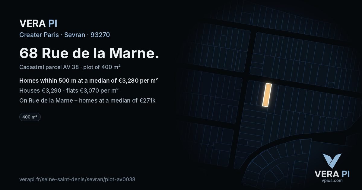 68 Rue de la Marne, Sevran at night – the plot lit, the parcels around coloured by the prices near them