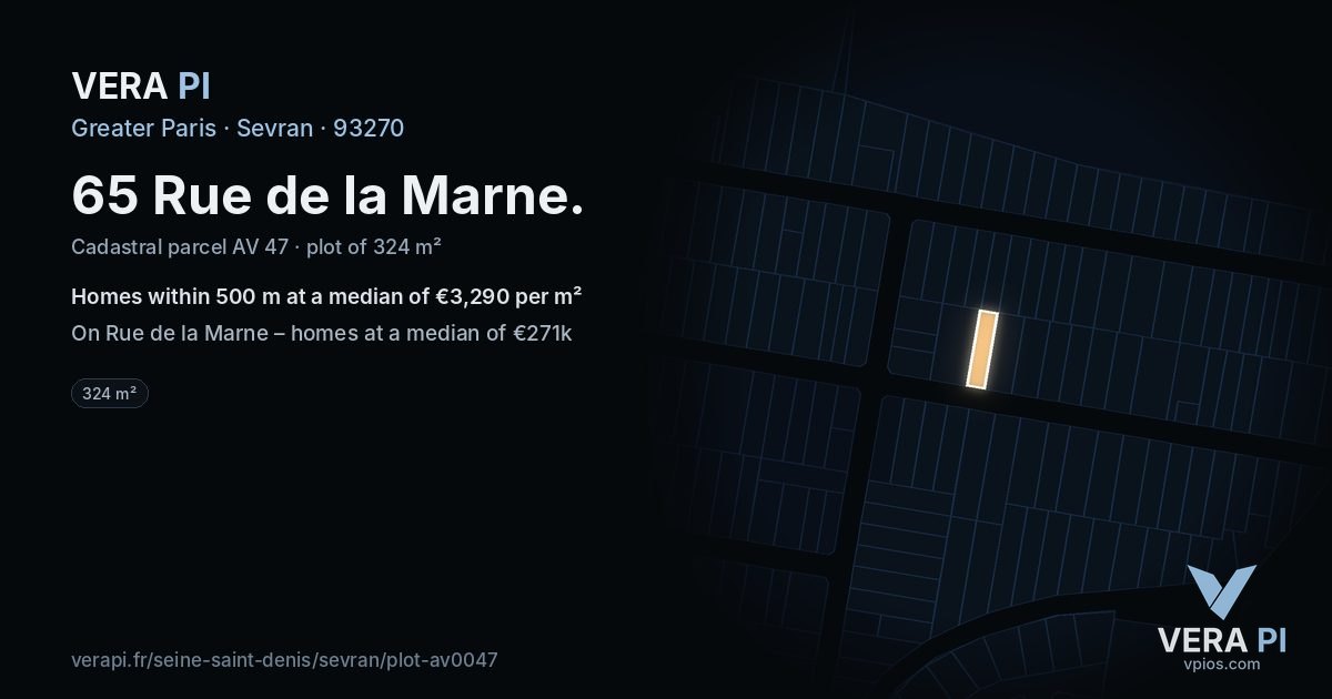 65 Rue de la Marne, Sevran at night – the plot lit, the parcels around coloured by the prices near them