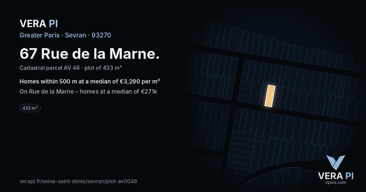 67 Rue de la Marne, Sevran at night – the plot lit, the parcels around coloured by the prices near them