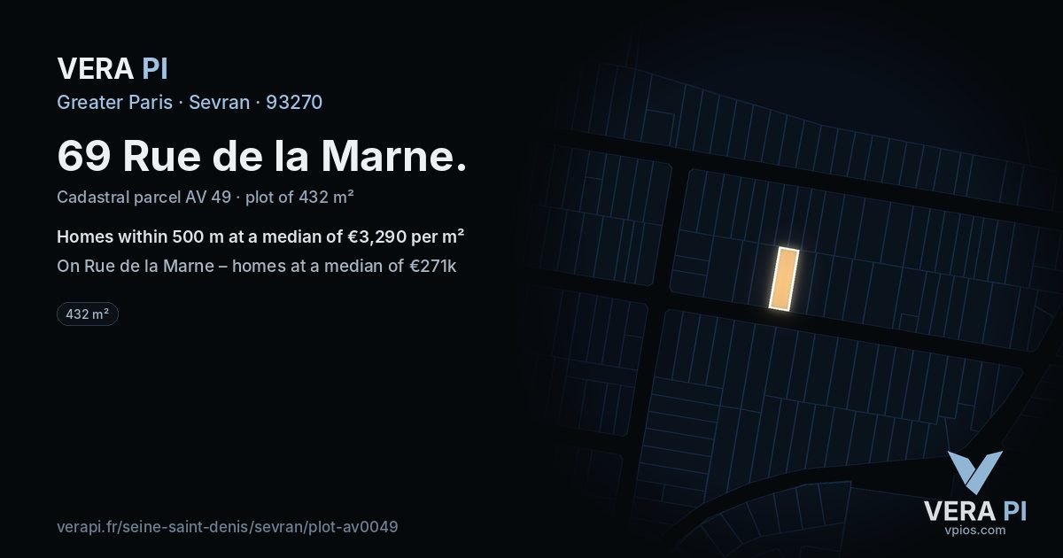 69 Rue de la Marne, Sevran at night – the plot lit, the parcels around coloured by the prices near them