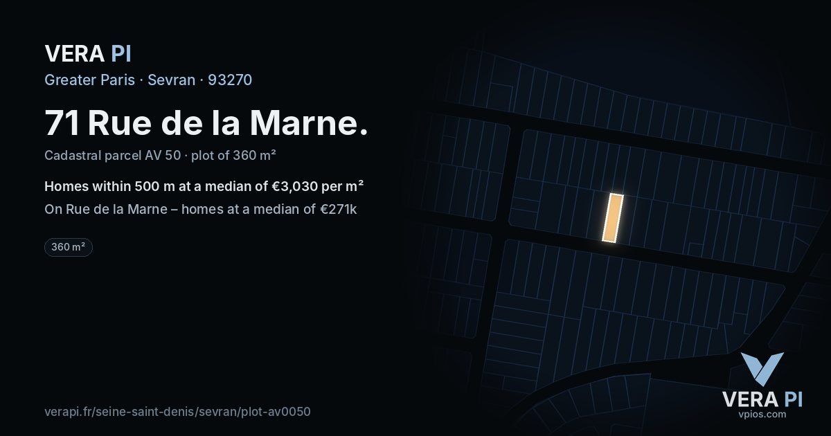 71 Rue de la Marne, Sevran at night – the plot lit, the parcels around coloured by the prices near them