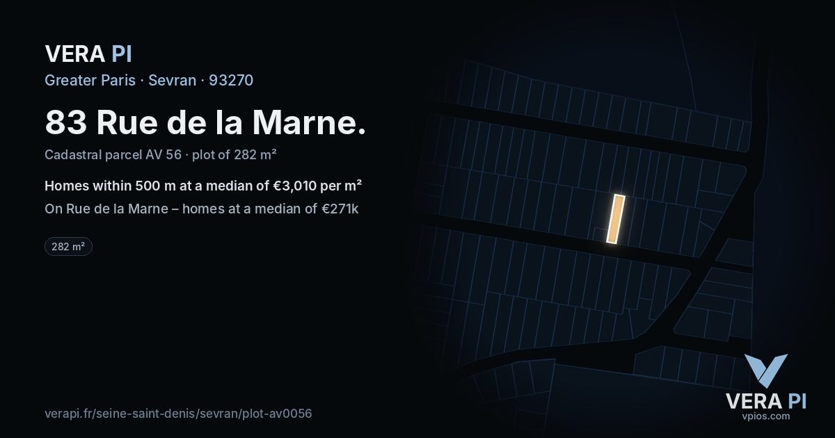 83 Rue de la Marne, Sevran at night – the plot lit, the parcels around coloured by the prices near them