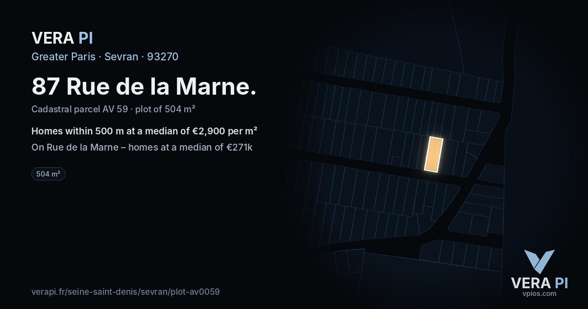 87 Rue de la Marne, Sevran at night – the plot lit, the parcels around coloured by the prices near them