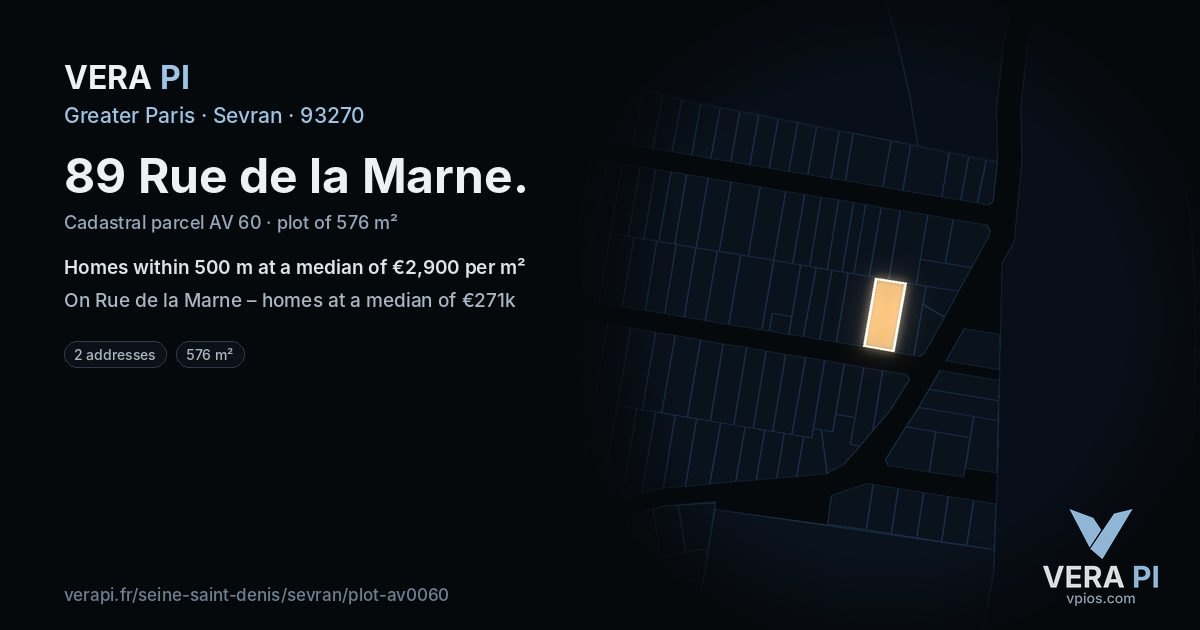 89 Rue de la Marne, Sevran at night – the plot lit, the parcels around coloured by the prices near them