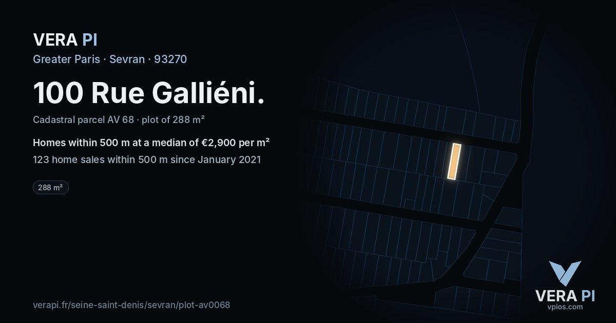 100 Rue Galliéni, Sevran at night – the plot lit, the parcels around coloured by the prices near them