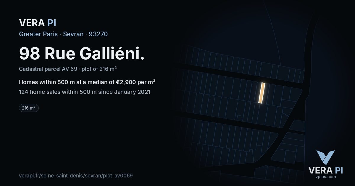98 Rue Galliéni, Sevran at night – the plot lit, the parcels around coloured by the prices near them