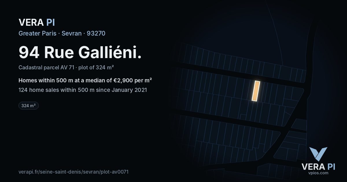 94 Rue Galliéni, Sevran at night – the plot lit, the parcels around coloured by the prices near them