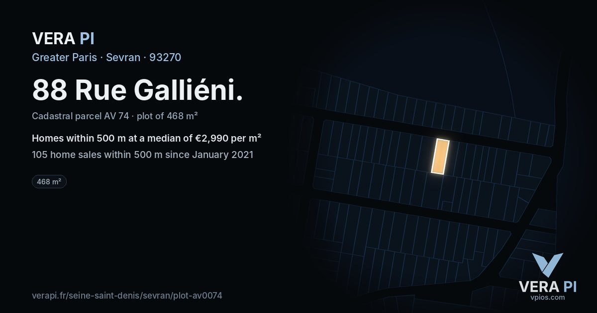 88 Rue Galliéni, Sevran at night – the plot lit, the parcels around coloured by the prices near them