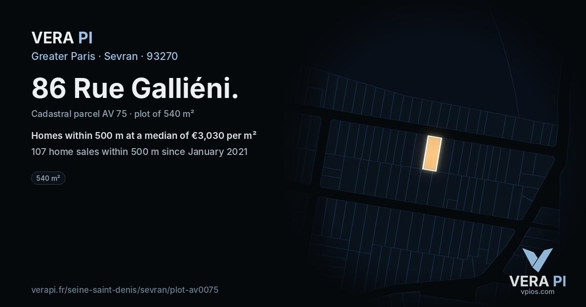 86 Rue Galliéni, Sevran at night – the plot lit, the parcels around coloured by the prices near them