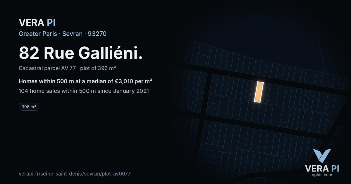 82 Rue Galliéni, Sevran at night – the plot lit, the parcels around coloured by the prices near them