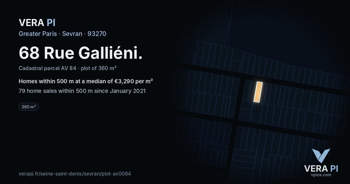 68 Rue Galliéni, Sevran at night – the plot lit, the parcels around coloured by the prices near them