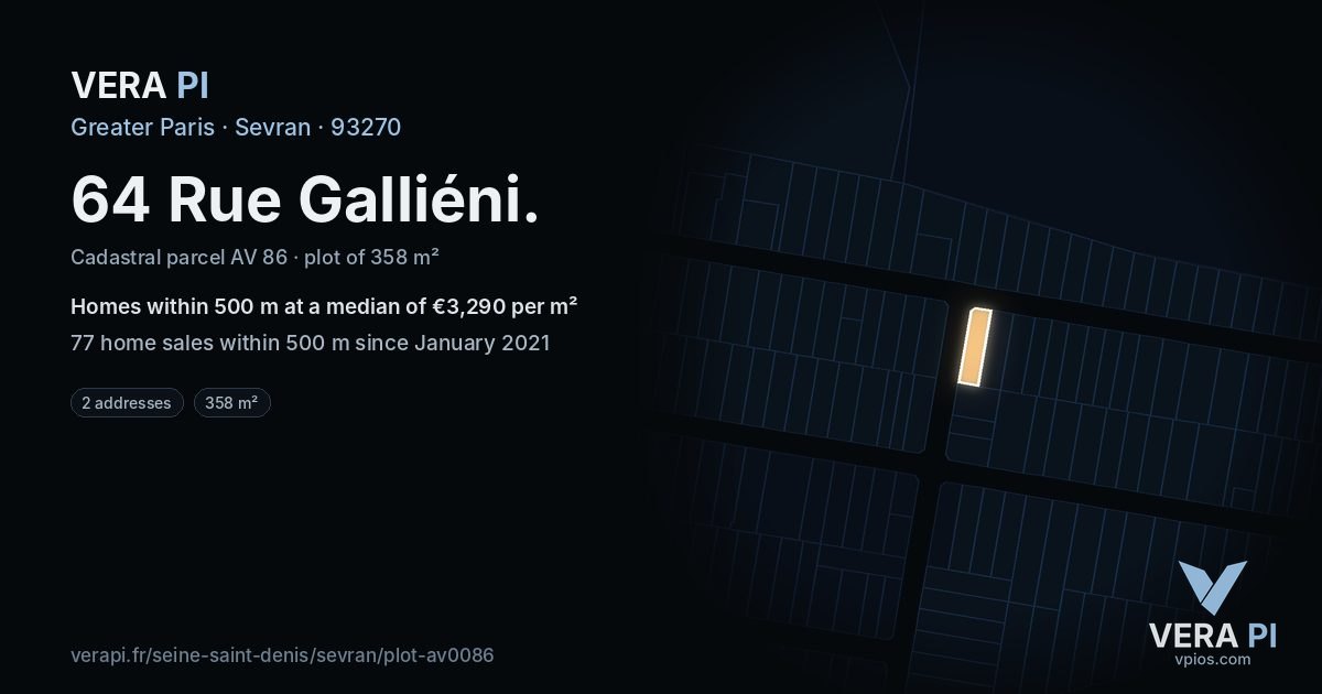 64 Rue Galliéni, Sevran at night – the plot lit, the parcels around coloured by the prices near them