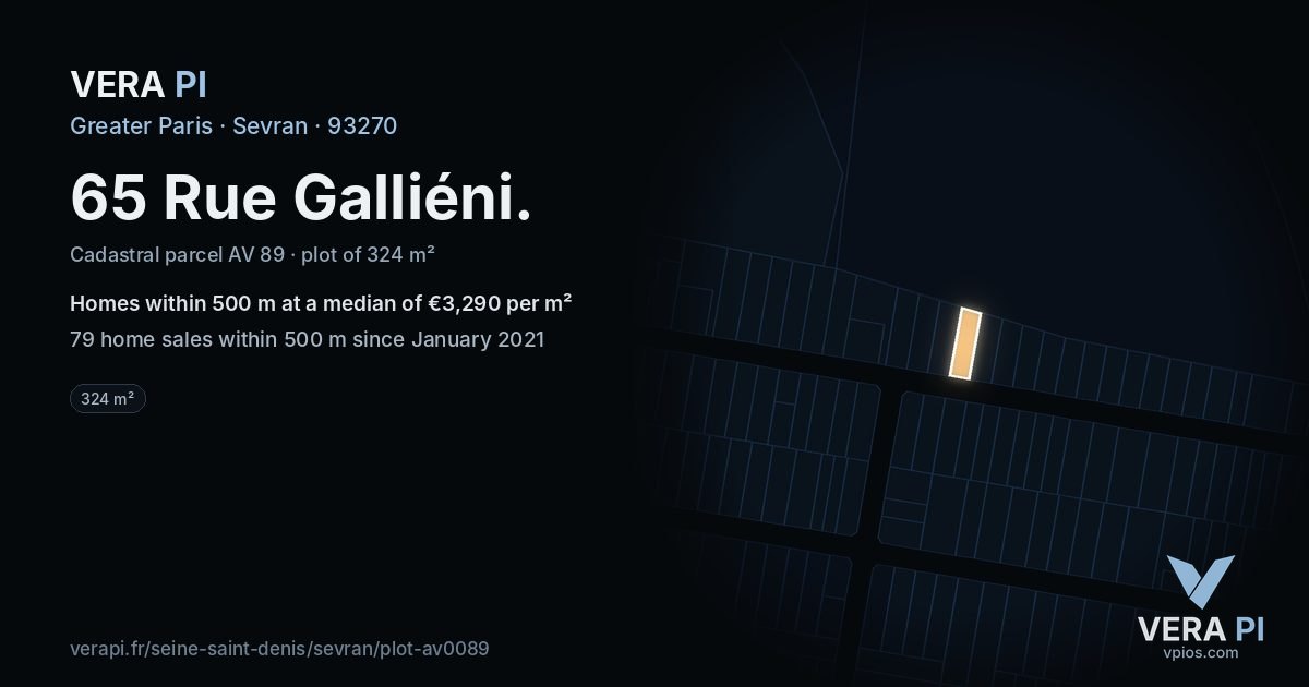 65 Rue Galliéni, Sevran at night – the plot lit, the parcels around coloured by the prices near them