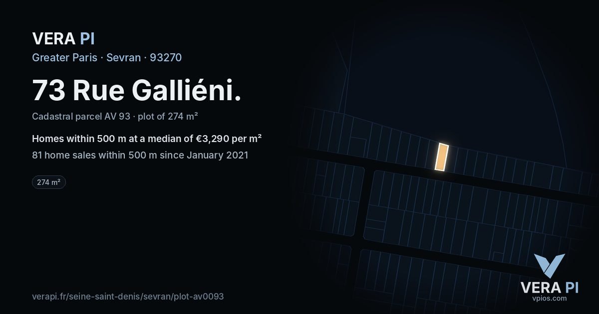 73 Rue Galliéni, Sevran at night – the plot lit, the parcels around coloured by the prices near them