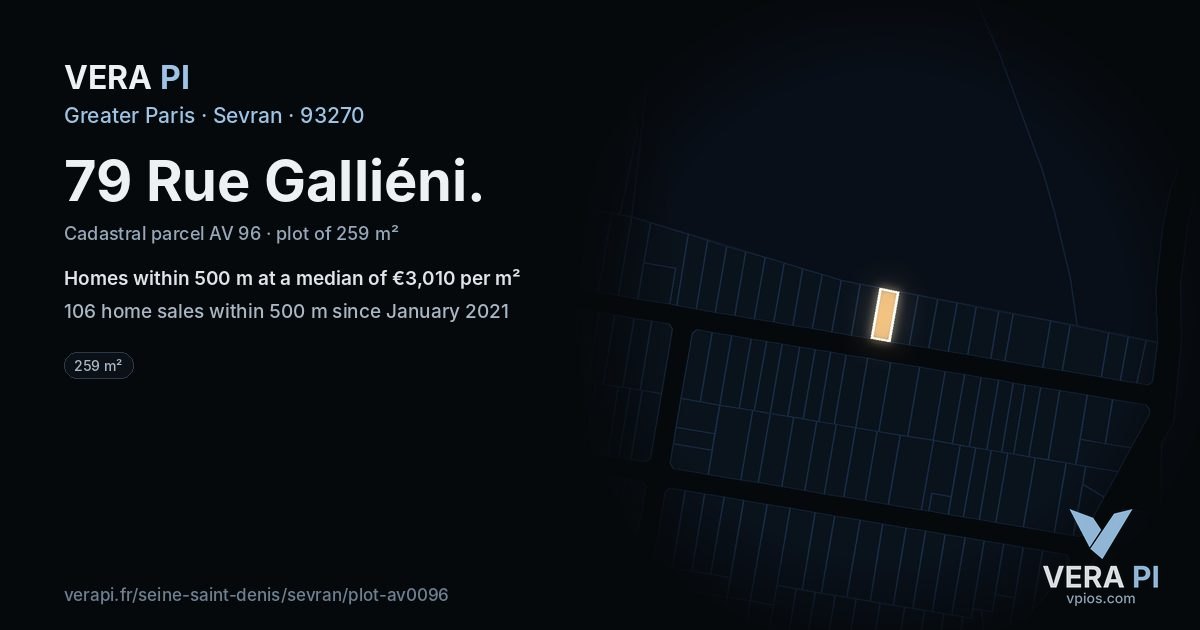 79 Rue Galliéni, Sevran at night – the plot lit, the parcels around coloured by the prices near them