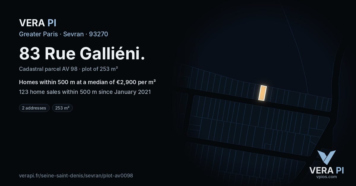 83 Rue Galliéni, Sevran at night – the plot lit, the parcels around coloured by the prices near them