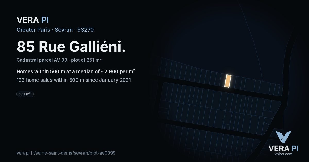 85 Rue Galliéni, Sevran at night – the plot lit, the parcels around coloured by the prices near them