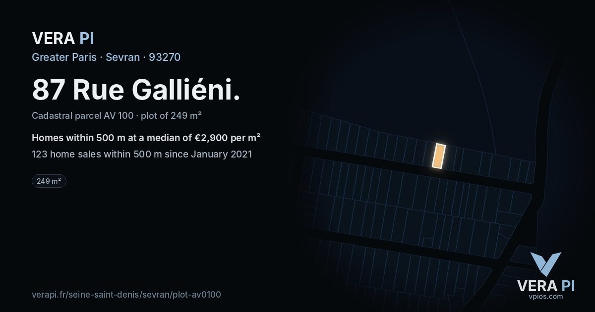 87 Rue Galliéni, Sevran at night – the plot lit, the parcels around coloured by the prices near them