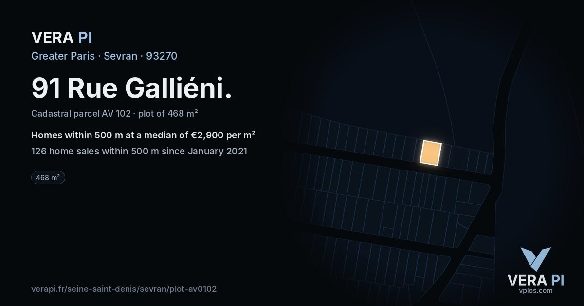 91 Rue Galliéni, Sevran at night – the plot lit, the parcels around coloured by the prices near them