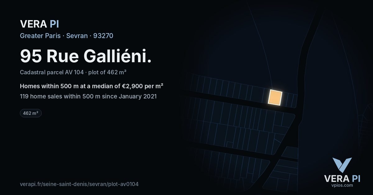 95 Rue Galliéni, Sevran at night – the plot lit, the parcels around coloured by the prices near them