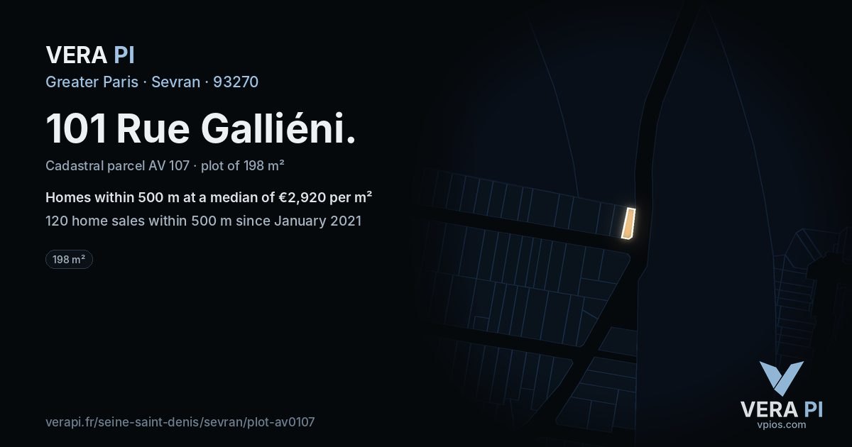 101 Rue Galliéni, Sevran at night – the plot lit, the parcels around coloured by the prices near them