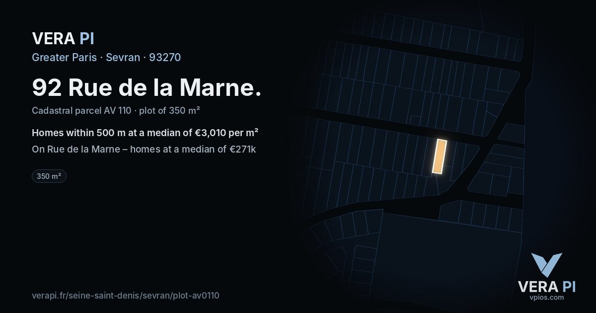 92 Rue de la Marne, Sevran at night – the plot lit, the parcels around coloured by the prices near them