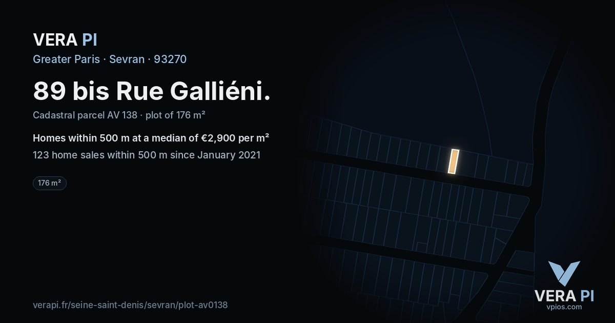 89 bis Rue Galliéni, Sevran at night – the plot lit, the parcels around coloured by the prices near them