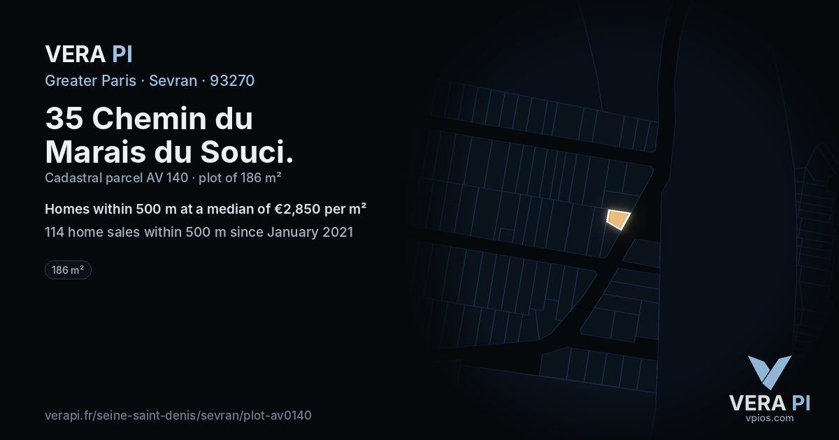 35 Chemin du Marais du Souci, Sevran at night – the plot lit, the parcels around coloured by the prices near them