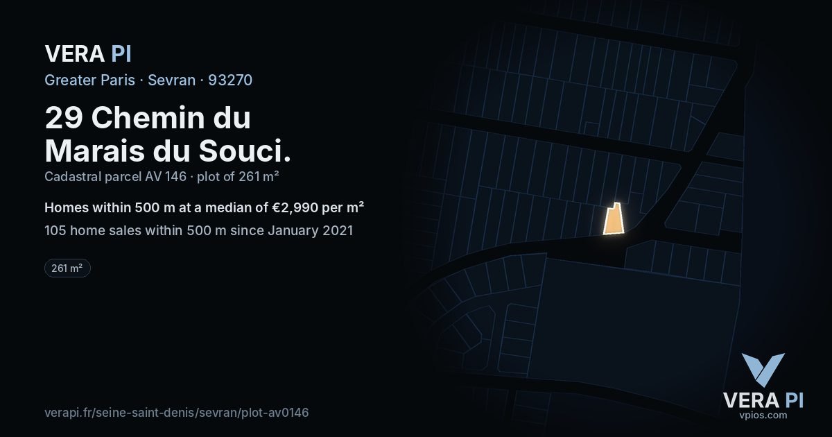 29 Chemin du Marais du Souci, Sevran at night – the plot lit, the parcels around coloured by the prices near them