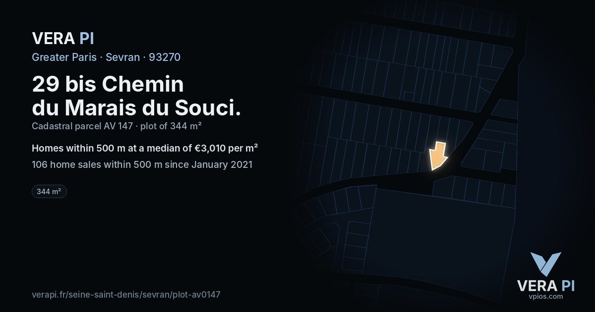 29 bis Chemin du Marais du Souci, Sevran at night – the plot lit, the parcels around coloured by the prices near them