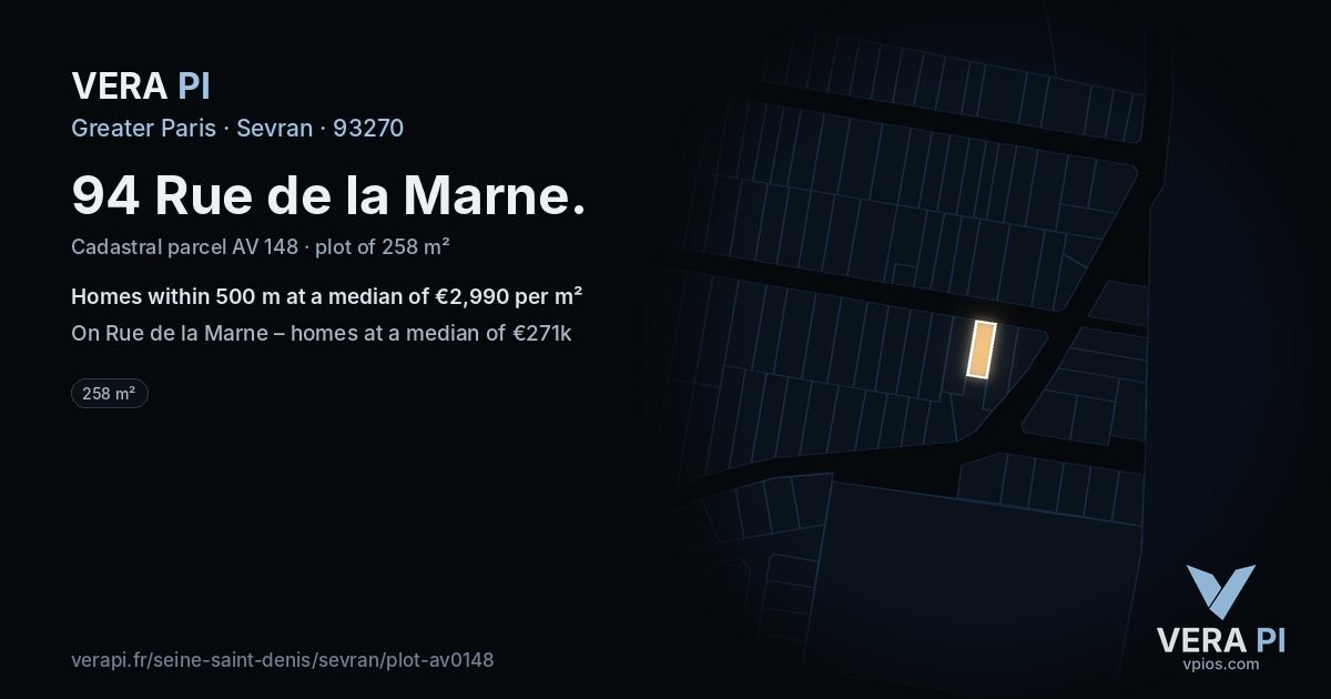 94 Rue de la Marne, Sevran at night – the plot lit, the parcels around coloured by the prices near them