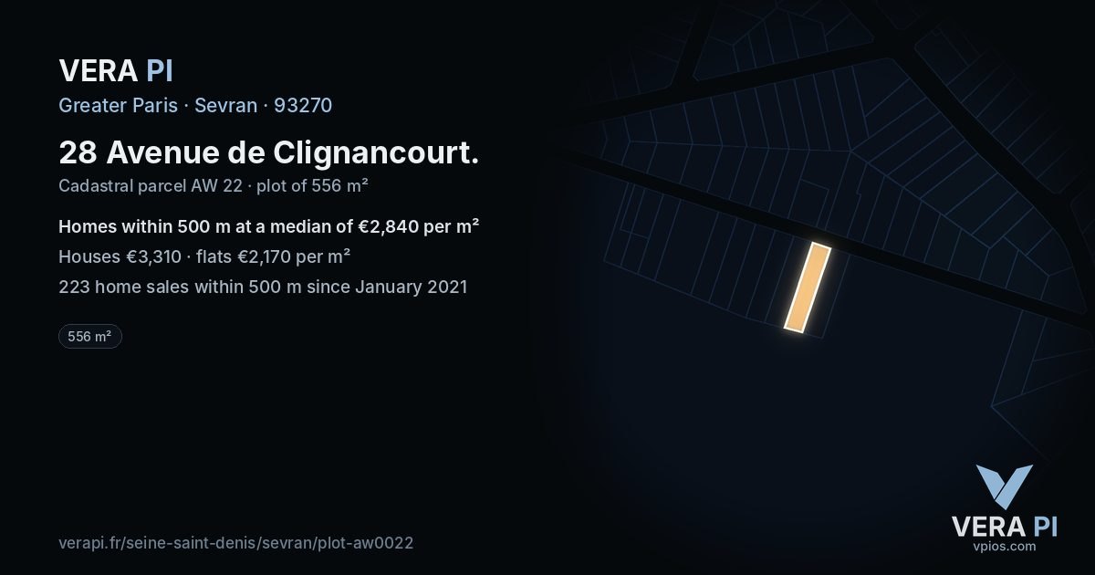 28 Avenue de Clignancourt, Sevran at night – the plot lit, the parcels around coloured by the prices near them