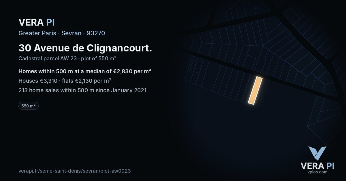 30 Avenue de Clignancourt, Sevran at night – the plot lit, the parcels around coloured by the prices near them