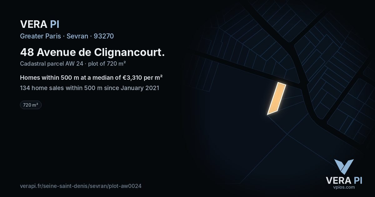 48 Avenue de Clignancourt, Sevran at night – the plot lit, the parcels around coloured by the prices near them