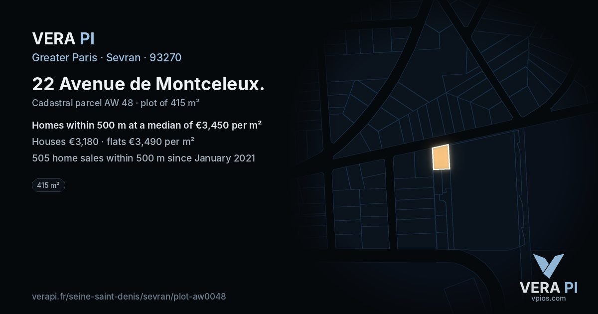 22 Avenue de Montceleux, Sevran at night – the plot lit, the parcels around coloured by the prices near them
