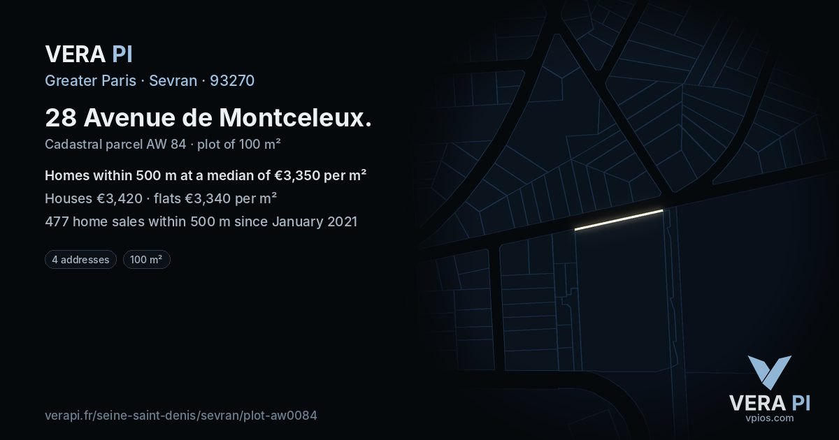28 Avenue de Montceleux, Sevran at night – the plot lit, the parcels around coloured by the prices near them