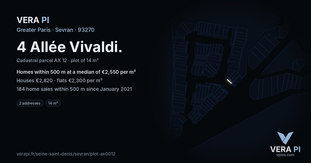 4 Allée Vivaldi, Sevran at night – the plot lit, the parcels around coloured by the prices near them