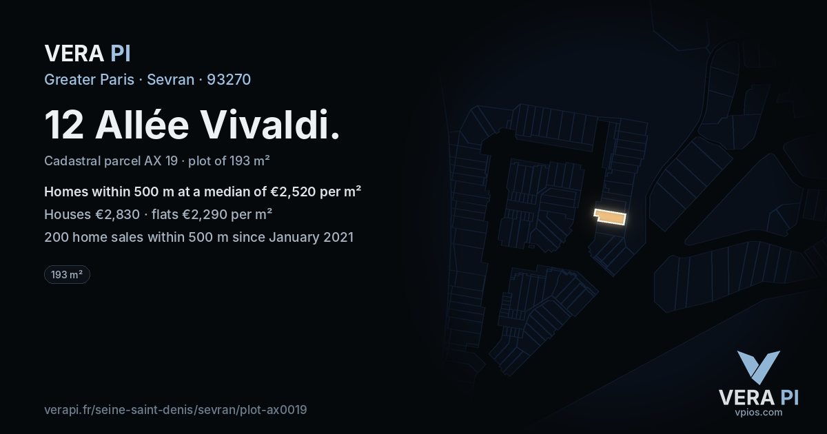 12 Allée Vivaldi, Sevran at night – the plot lit, the parcels around coloured by the prices near them